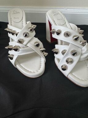 Christian Louboutin White Spika Club Studded Crisscross Mules